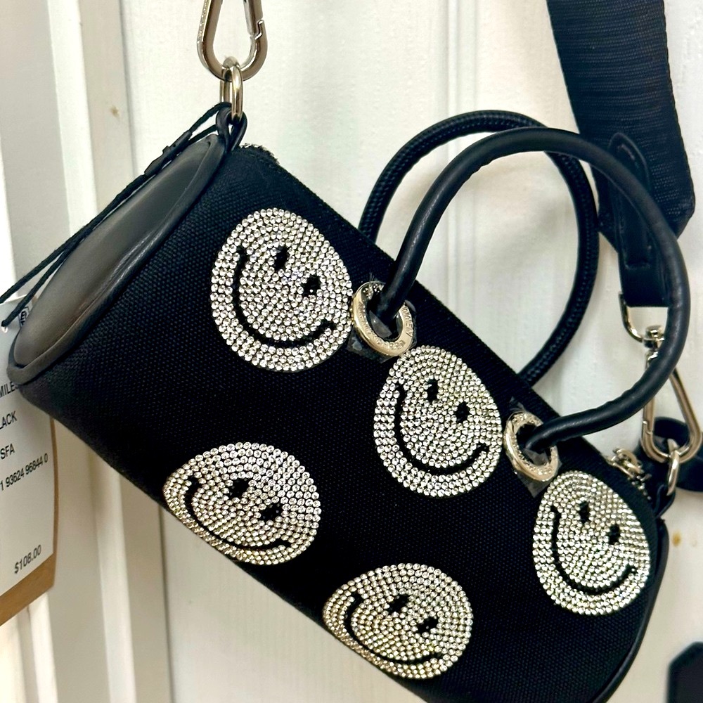Steve Madden Rhinestone Smiles Mini Barrel Shoulder Bag removable Strap